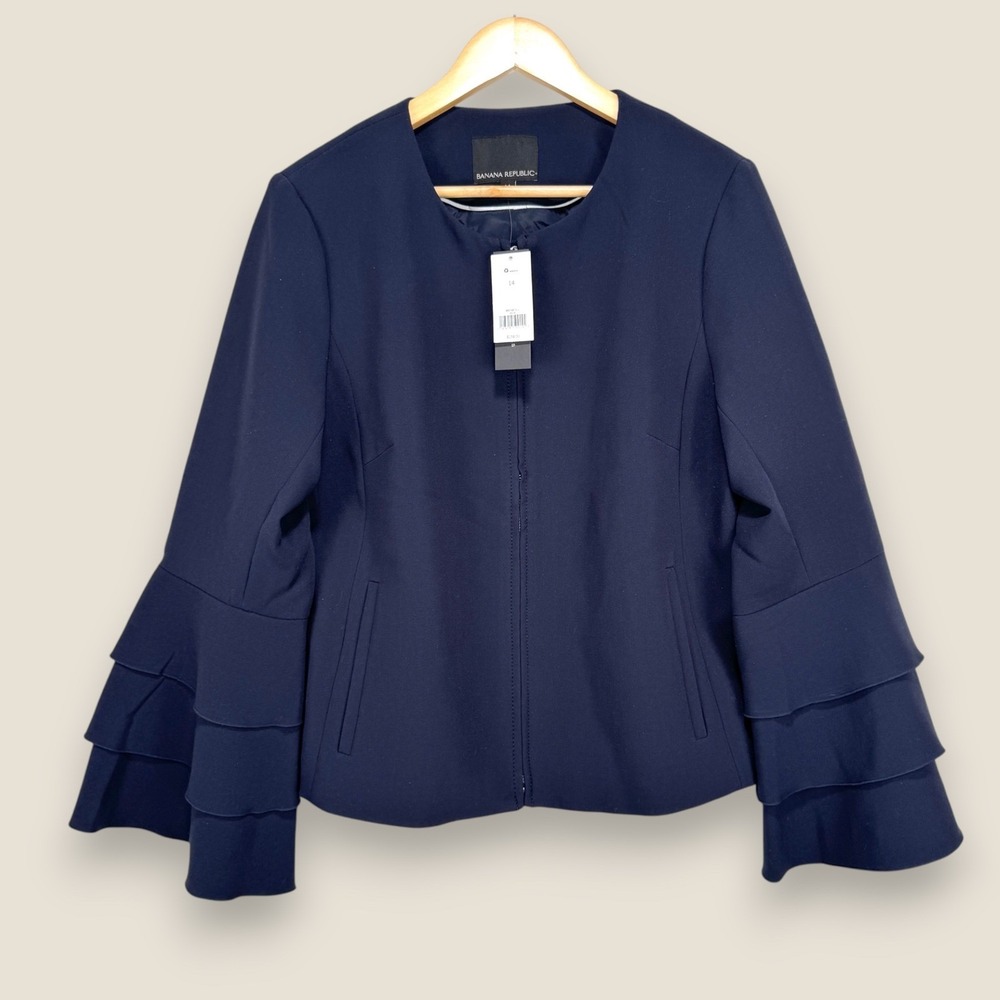 Banana Republic Bell Sleeve Ruffle Jacket Full Zip Lined Stretch Women Size 14